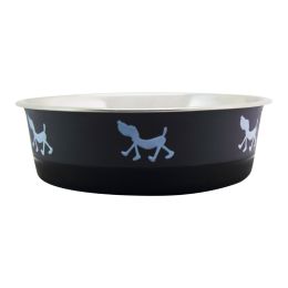 Stainless Steel Pet Bowl with Anti Skid Rubber Base and Dog Design; Gray and Black