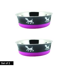 Stainless Steel Pet Bowl with Anti Skid Rubber Base and Dog Design; Gray and Pink-Set of 2